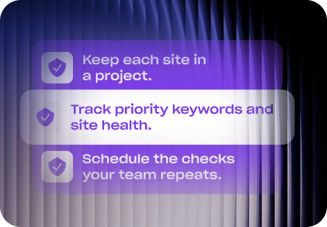 Keep each site in a project. Track priority keywords and site health. Schedule the checks your team repeats.